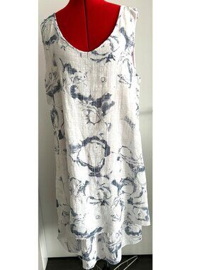 White Linen / Viscose Dress with Blue Print Sz L/XL